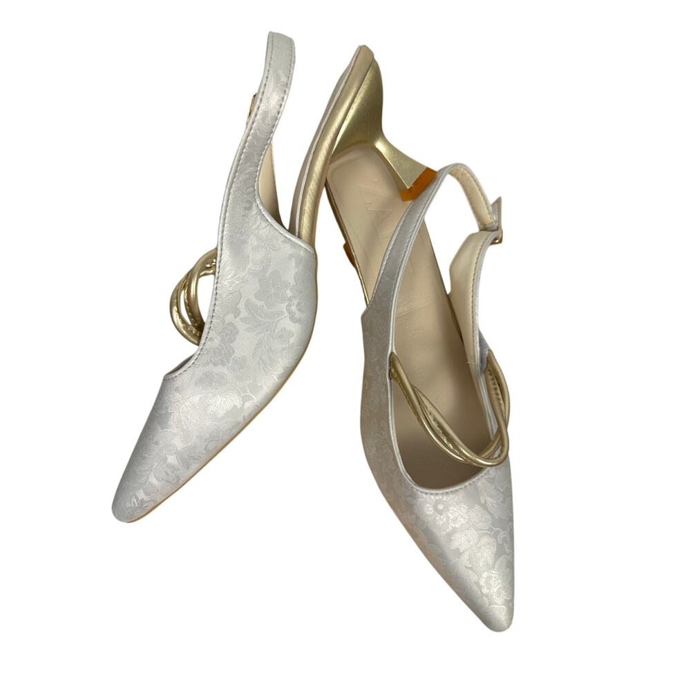 Zara pointed toe slingback heels silver patterned fabric gold strap white pearl
